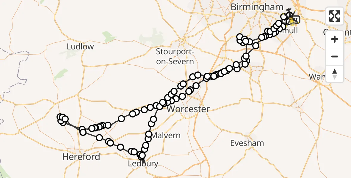Flight route Police Helicopter Birmingham Airport - Birmingham Airport, 12 March 2026, 14:42