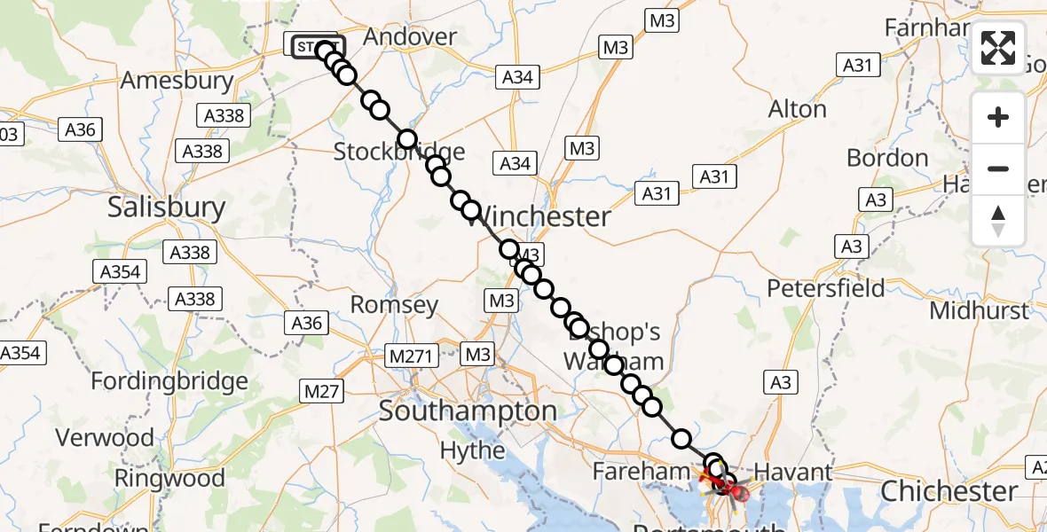 Flight path map showing Air Ambulance Helicopter route from Thruxton Aerodrome to Portsmouth