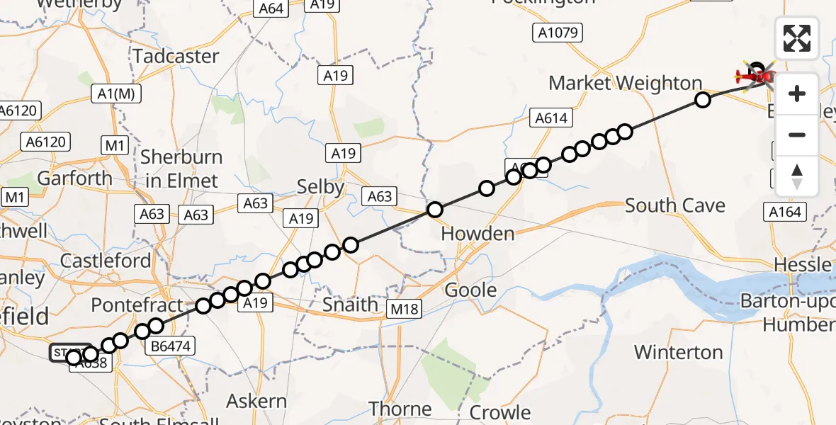 Flight path map showing Air Ambulance Helicopter route from YAA Nostell Helicopter Port to Cherry Burton
