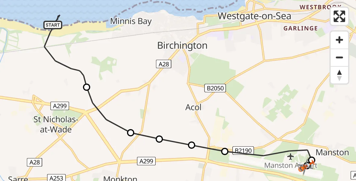 Flight path map showing Coastguard Helicopter route from St Nicholas-at-Wade to Manston Airport