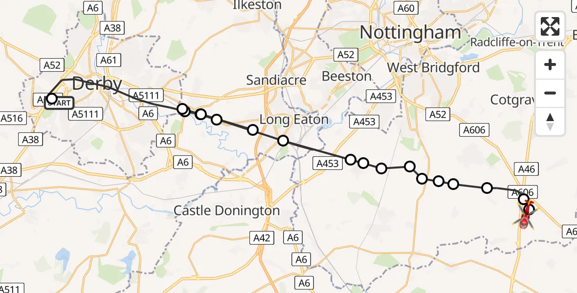 Flight path map showing Air Ambulance Helicopter route from Royal Derby Trauma Unit to Nottingham Heliport