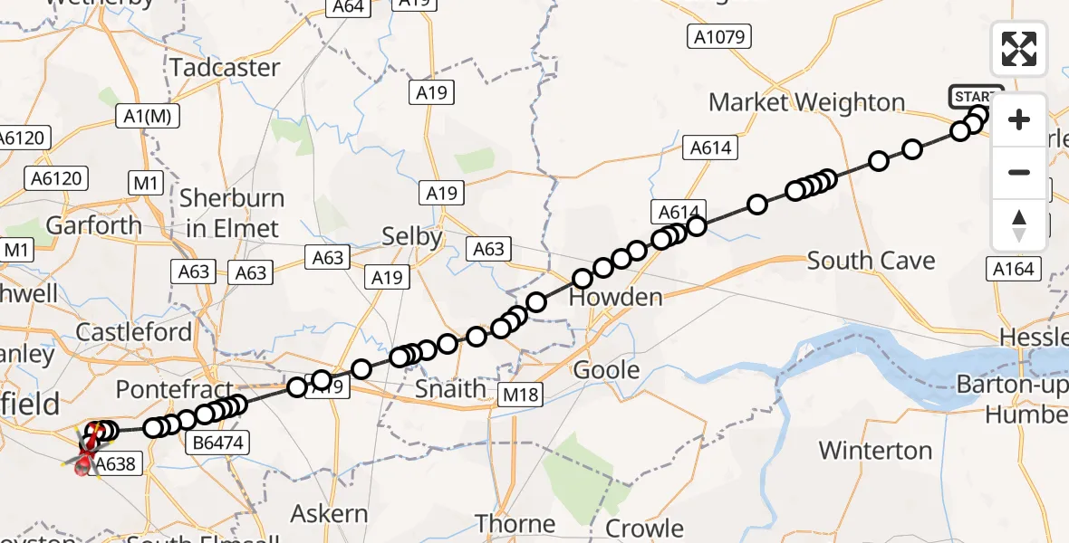 Flight path map showing Air Ambulance Helicopter route from Cherry Burton to YAA Nostell Helicopter Port