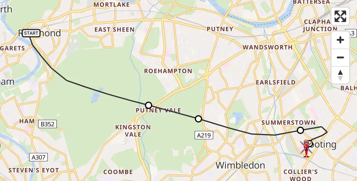Flight path map showing Air Ambulance Helicopter route from London Borough of Richmond upon Thames to St Georges Hospital