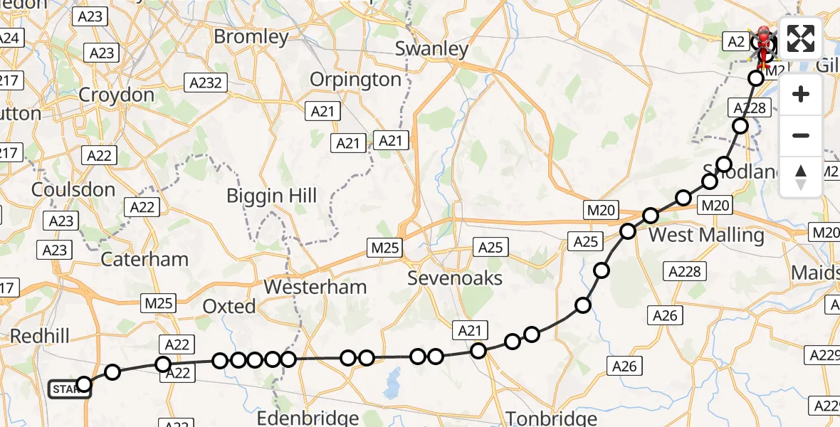 Flight path map showing Air Ambulance Helicopter route from Redhill Aerodrome to Strood