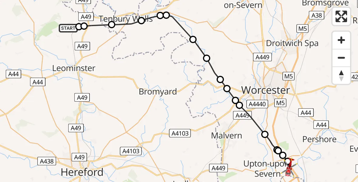 Flight path map showing Air Ambulance Helicopter route from Orleton to Hill Croome