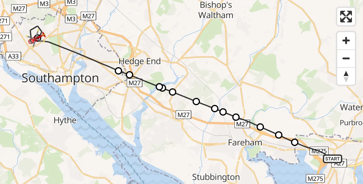 Flight path map showing Air Ambulance Helicopter route from Portsmouth to University Hospital Southampton