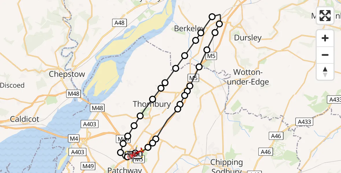 Flight path map showing Air Ambulance Helicopter route from Almondsbury Helicopter Base to Almondsbury Helicopter Base