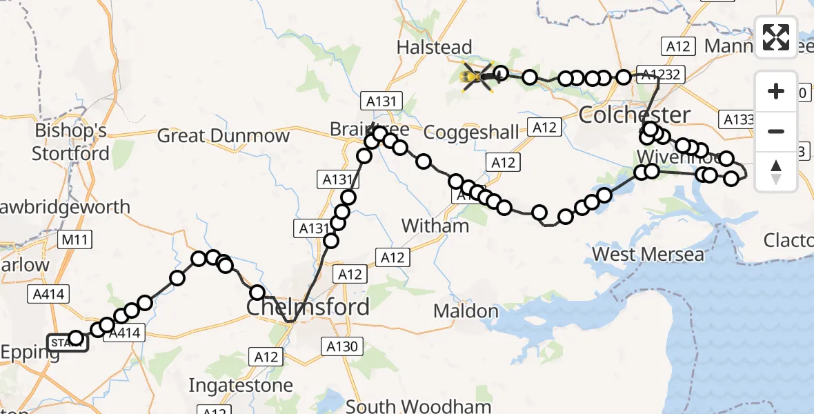 Flight path map showing Police Helicopter route from Woodhatch to Earls Colne