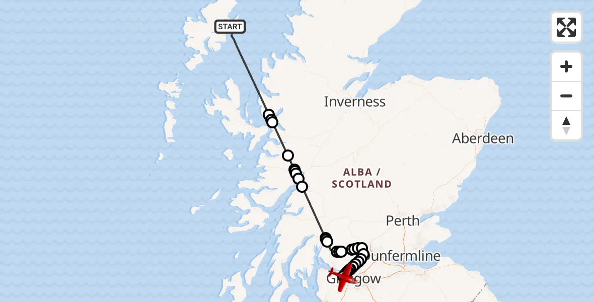 Flight path map showing Air Ambulance Aircraft route from Inner Seas to Glasgow Airport