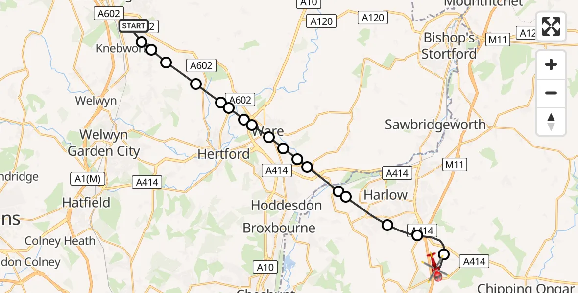 Flight path map showing Air Ambulance Helicopter route from Stevenage to North Weald Airfield