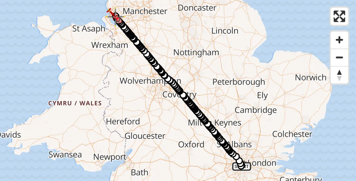 Flight path map showing Air Ambulance Helicopter route from London Heliport to Liverpool