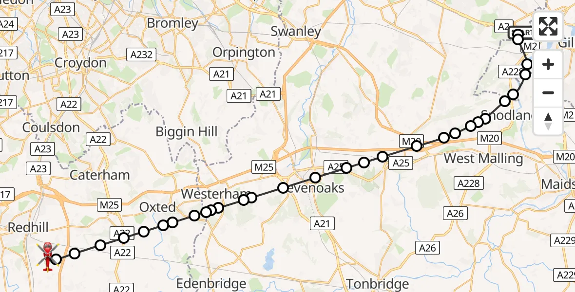 Flight path map showing Air Ambulance Helicopter route from Strood to Redhill Aerodrome