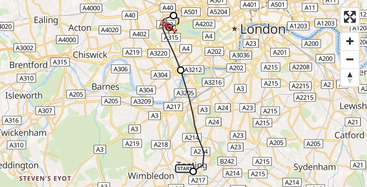 Flight path map showing Air Ambulance Helicopter route from St Georges Hospital to Royal Borough of Kensington and Chelsea