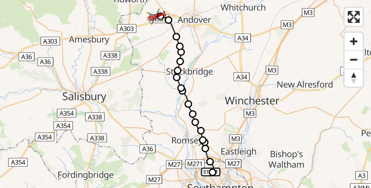 Flight path map showing Air Ambulance Helicopter route from University Hospital Southampton to Thruxton