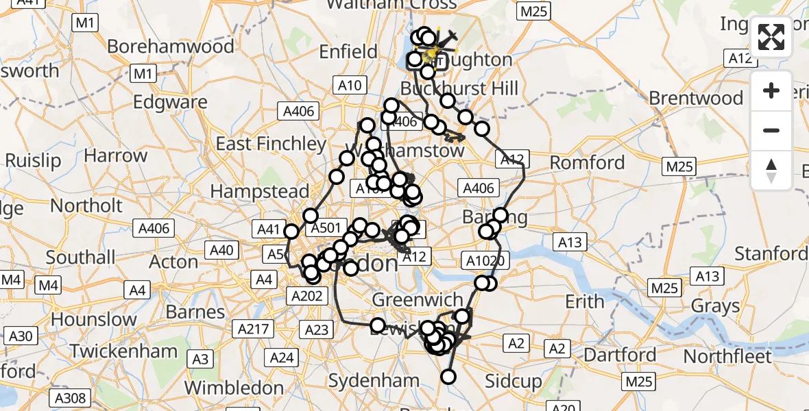 Routekaart van de vlucht: Police Helicopter to Sewardstonebury, Lippitts Hill