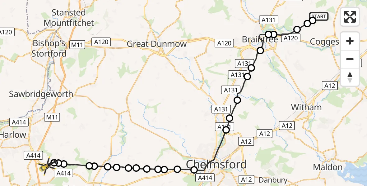Flight path map showing Police Helicopter route from Braintree to North Weald Bassett