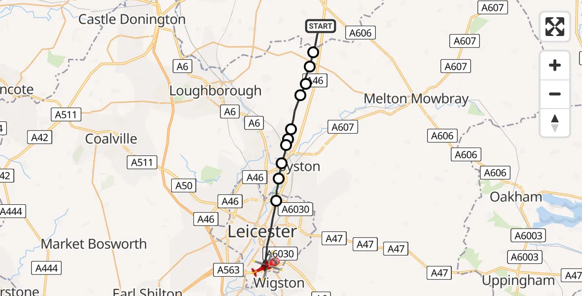 Routekaart van de vlucht: Air Ambulance Helicopter to Leicester, Skelton Drive