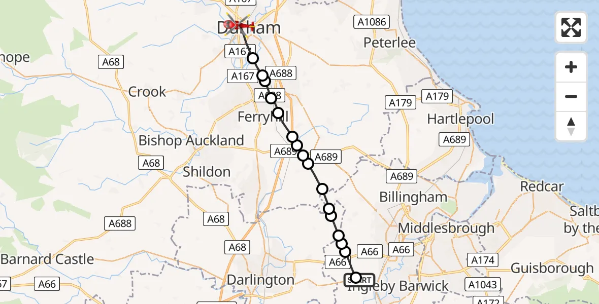 Flight path map showing Air Ambulance Helicopter route from Egglescliffe to Durham