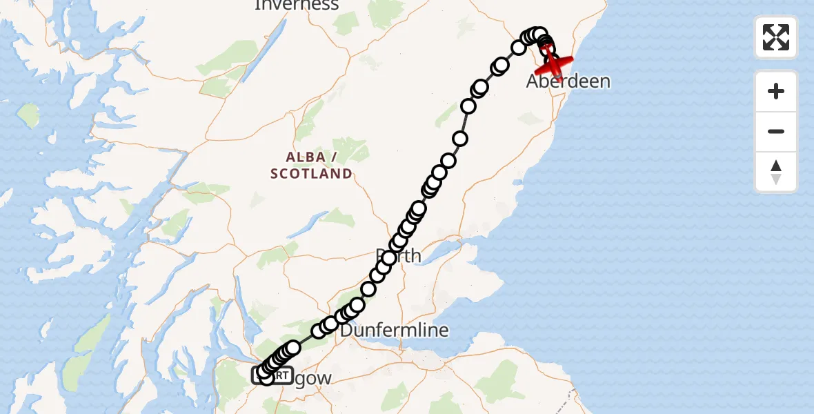 Flight path map showing Air Ambulance Aircraft route from Glasgow Airport to Aberdeen City