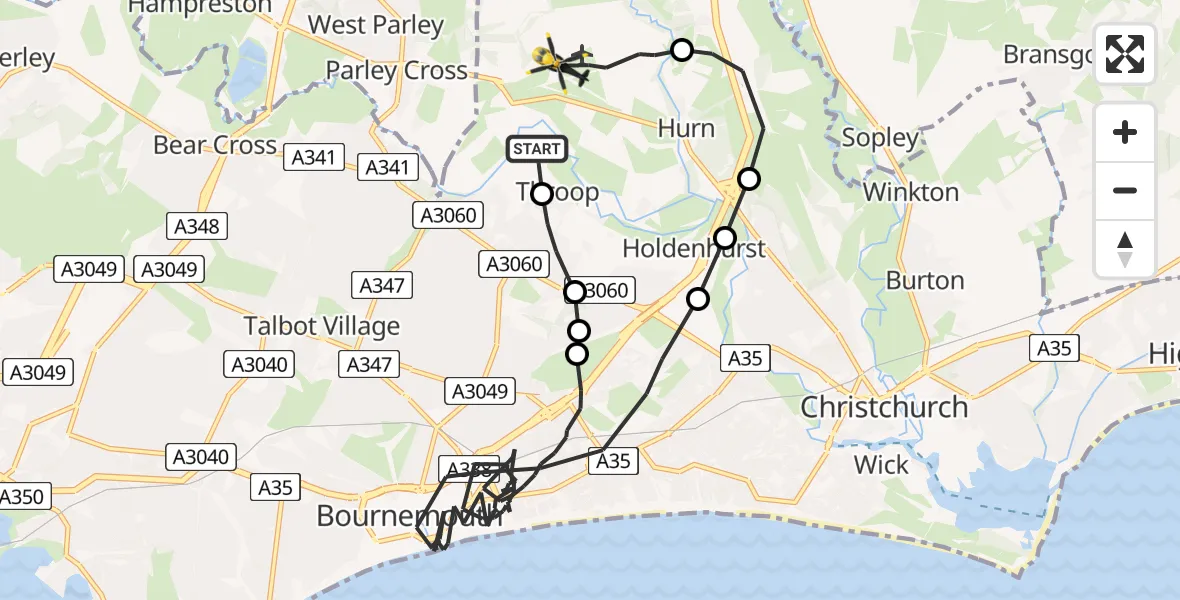 Flight path map showing Police Helicopter route from Bournemouth Airport to Bournemouth Airport