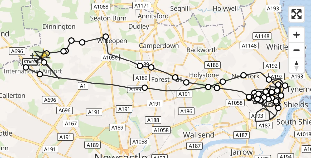 Flight path map showing Police Helicopter route from Newcastle International Airport to Newcastle International Airport