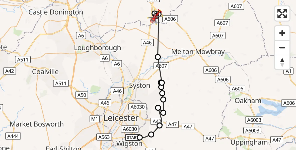 Flight path map showing Air Ambulance Helicopter route from Leicester to Rushcliffe
