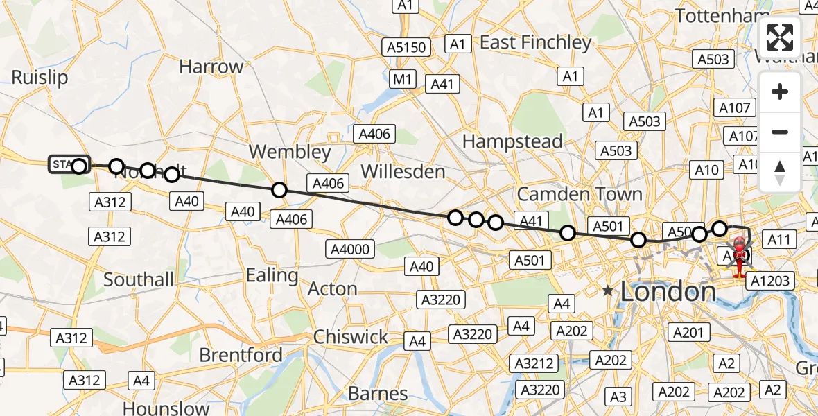 Flight path map showing Air Ambulance Helicopter route from RAF Northolt to Royal London Hospital