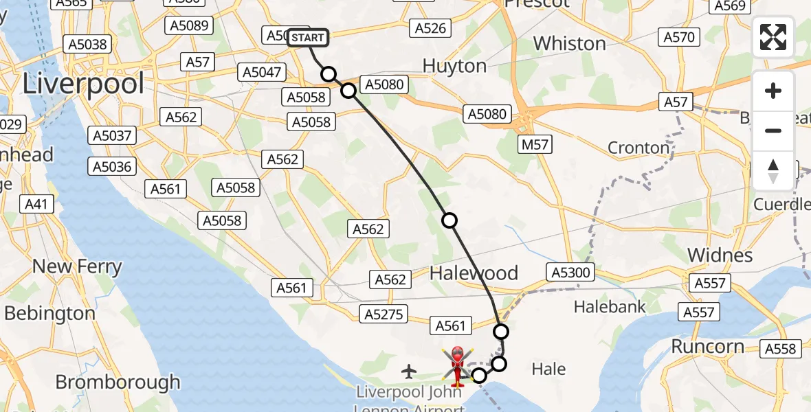 Flight path map showing Air Ambulance Helicopter route from Liverpool to Liverpool John Lennon Airport