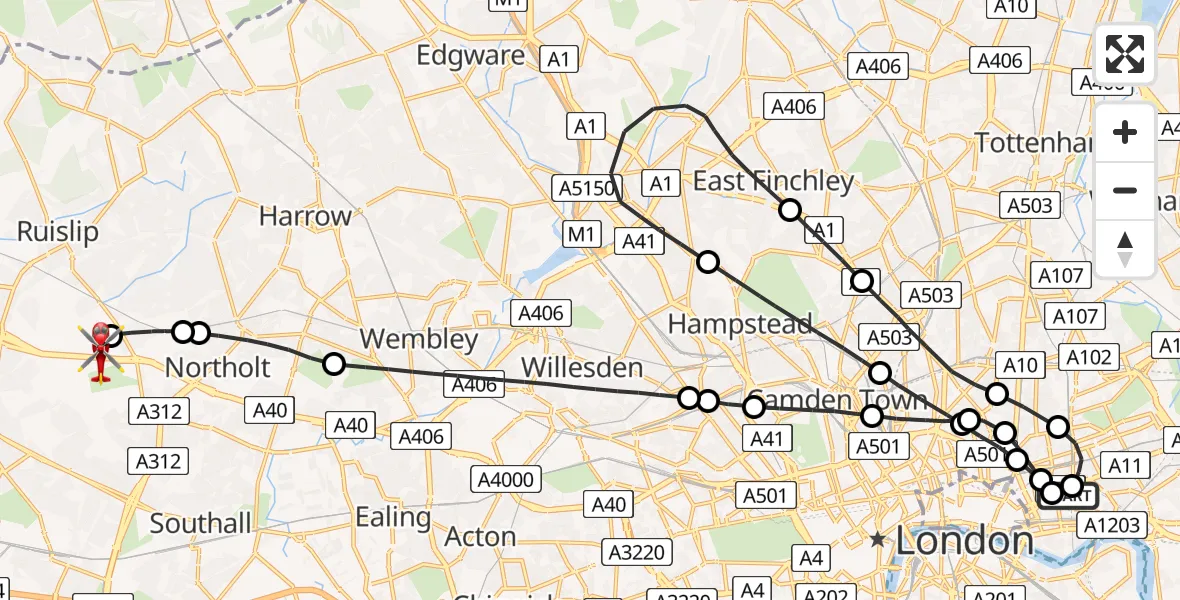 Flight path map showing Air Ambulance Helicopter route from Royal London Hospital to RAF Northolt