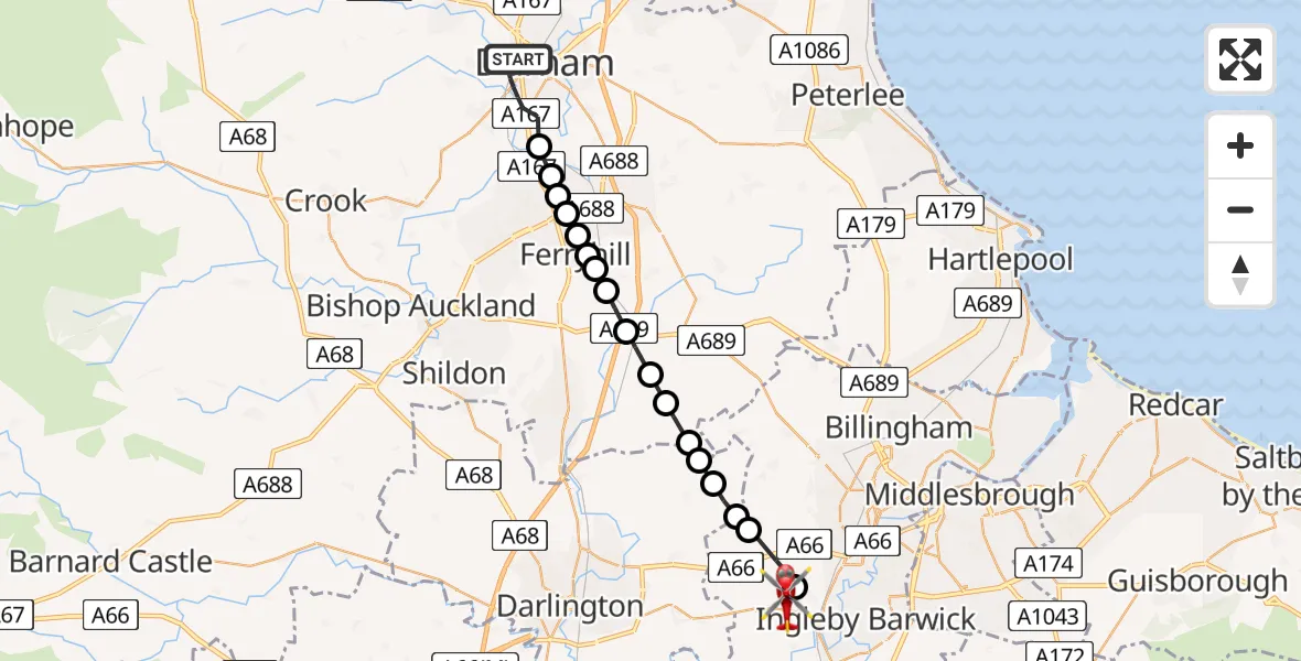 Flight path map showing Air Ambulance Helicopter route from Durham to Egglescliffe