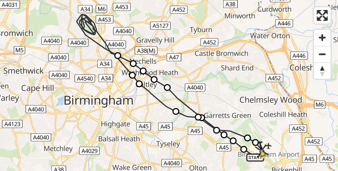 Flight route Police Helicopter Birmingham Airport - Birmingham Airport, 12 March 2026, 18:00