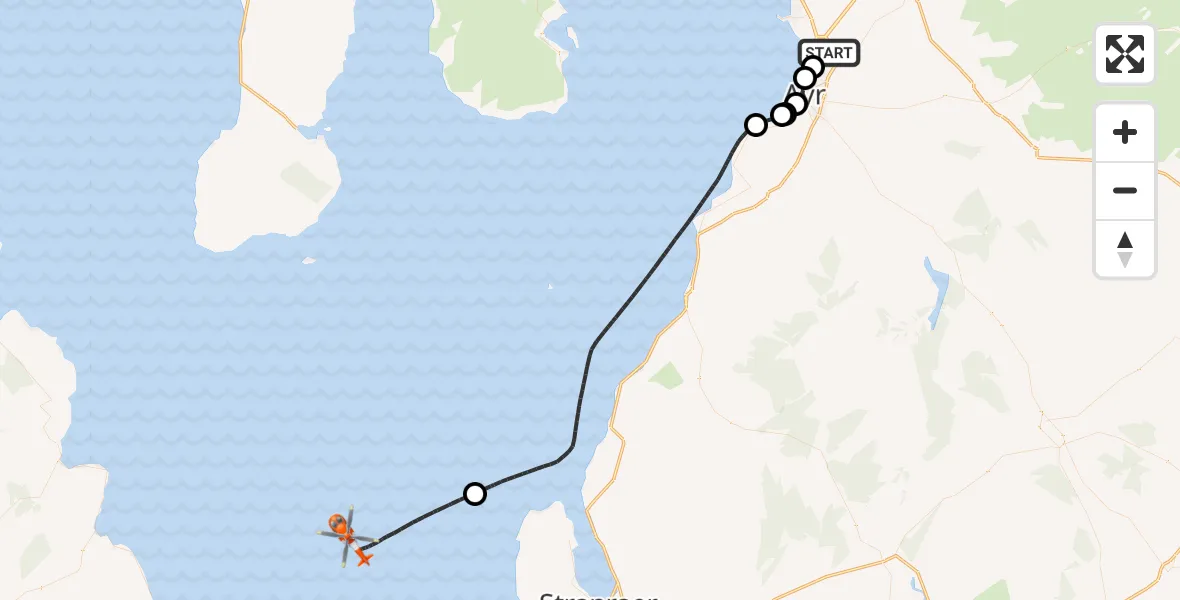 Flight path map showing Coastguard Helicopter route from Glasgow Prestwick Airport to Irish Sea