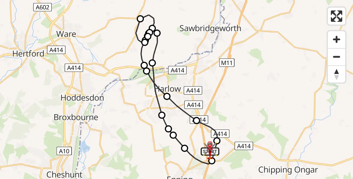Flight path map showing Air Ambulance Helicopter route from North Weald Airfield to North Weald Airfield