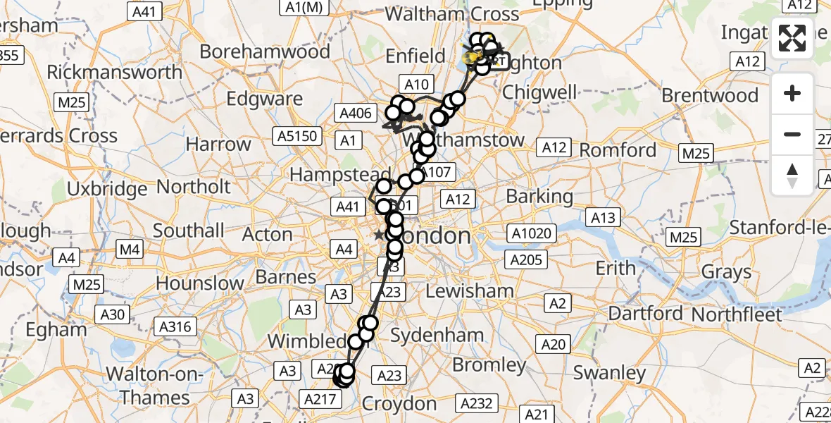 Flight path map showing Police Helicopter route from Metropolitan Police Air Support Unit Lippitts Hill to Sewardstonebury