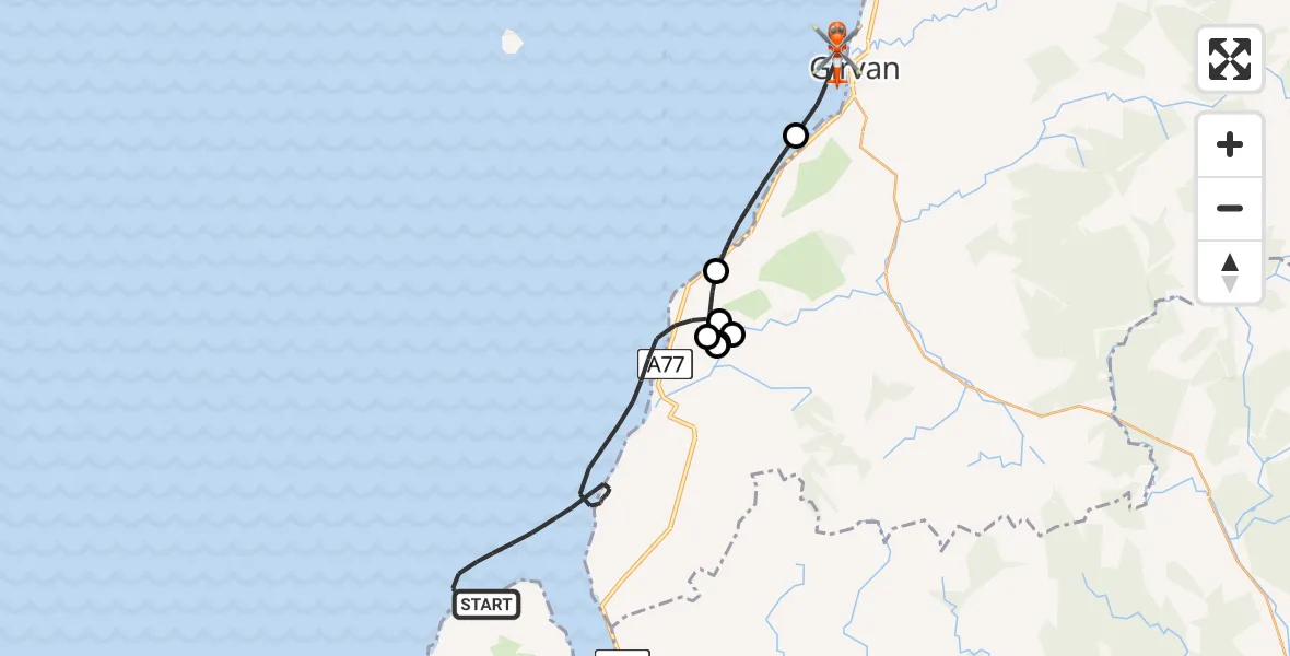 Flight path map showing Coastguard Helicopter route from Inner Seas to Girvan