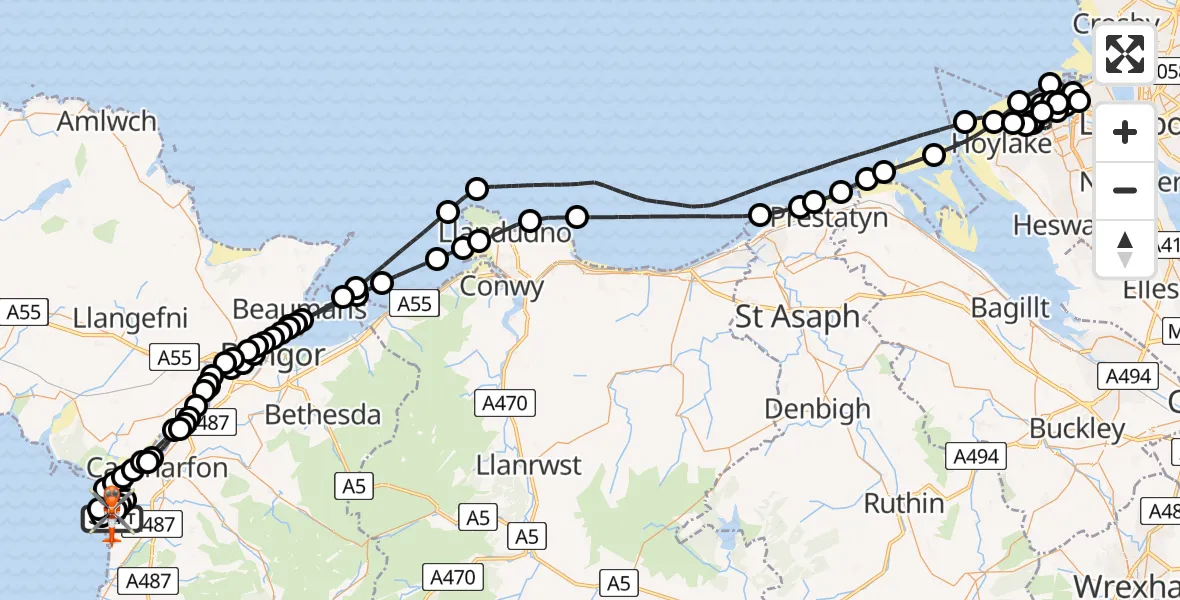 Flight path map showing Coastguard Helicopter route from Caernarfon Airport to Caernarfon Airport