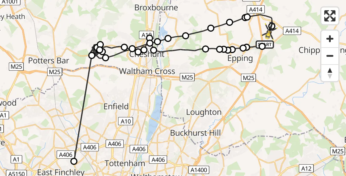 Flight path map showing Police Helicopter route from North Weald Airfield to North Weald Airfield