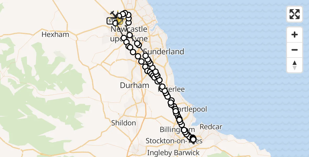 Flight path map showing Police Helicopter route from Callerton to Newcastle International Airport