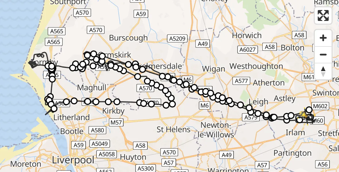 Flight path map showing Police Helicopter route from Manchester Barton Aerodrome to Manchester Barton Aerodrome