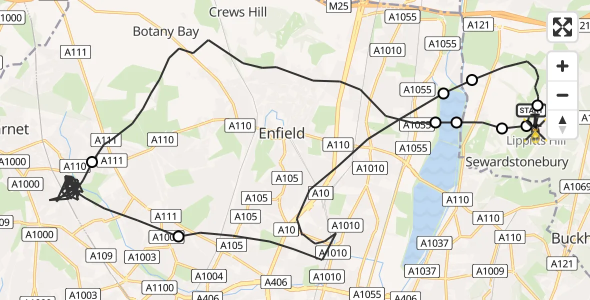 Flight path map showing Police Helicopter route from Metropolitan Police Air Support Unit Lippitts Hill to Metropolitan Police Air Support Unit Lippitts Hill