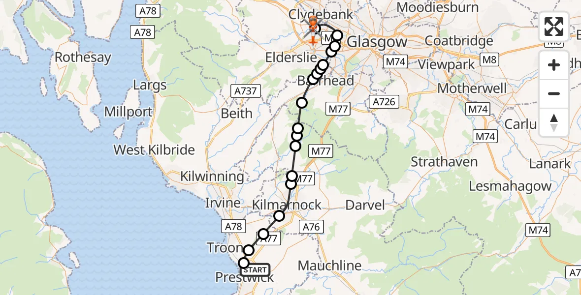 Flight path map showing Coastguard Helicopter route from Glasgow Prestwick Airport to Glasgow Airport