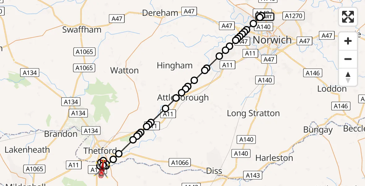 Flight path map showing Air Ambulance Helicopter route from Norwich Airport to Barnham