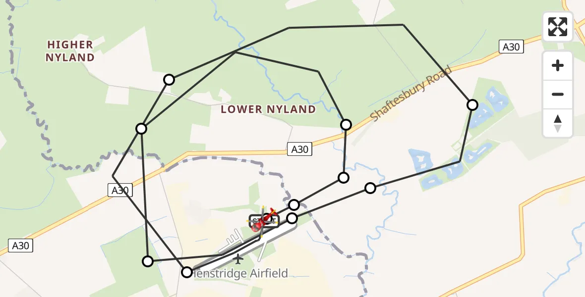 Flight path map showing Air Ambulance Helicopter route from Henstridge Airfield to Henstridge Airfield
