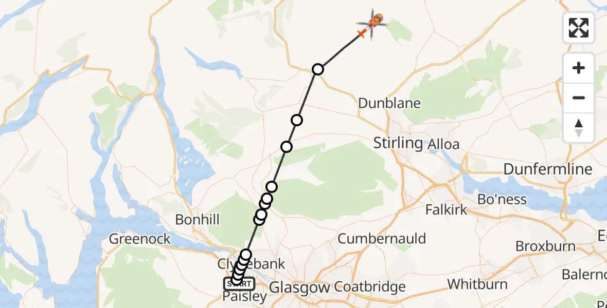 Flight path map showing Coastguard Helicopter route from Glasgow Airport to West Bracklinn