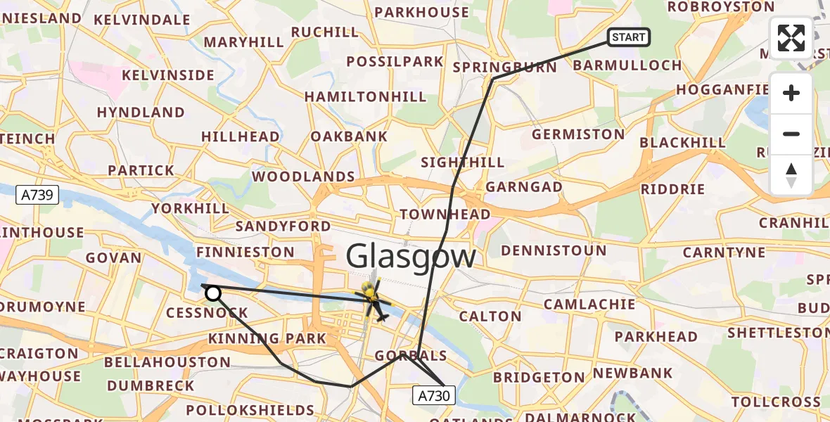 Flight route Police Helicopter Glasgow - Glasgow, 12 March 2026, 23:02