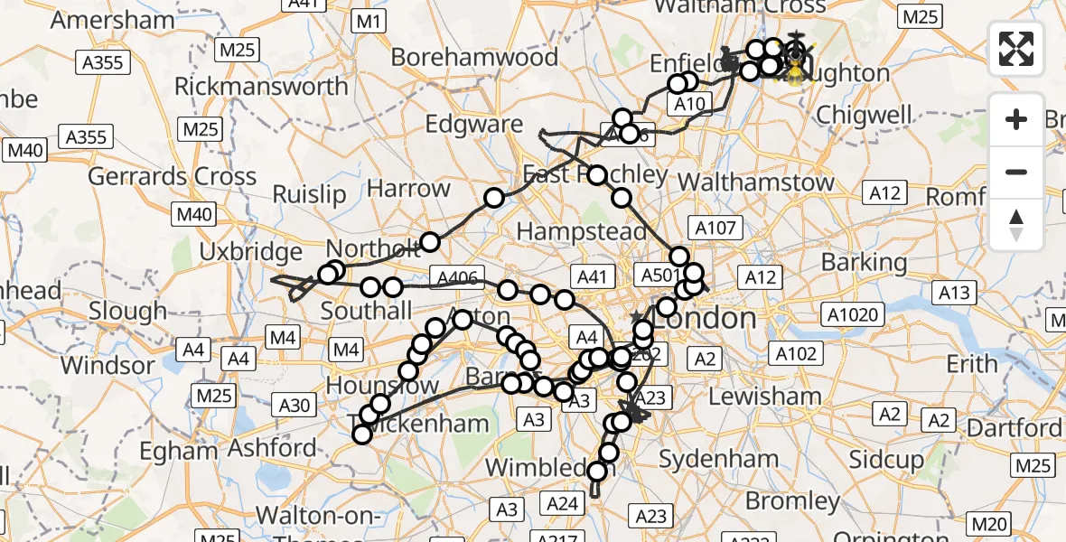 Flight path map showing Police Helicopter route from Sewardstonebury to Metropolitan Police Air Support Unit Lippitts Hill