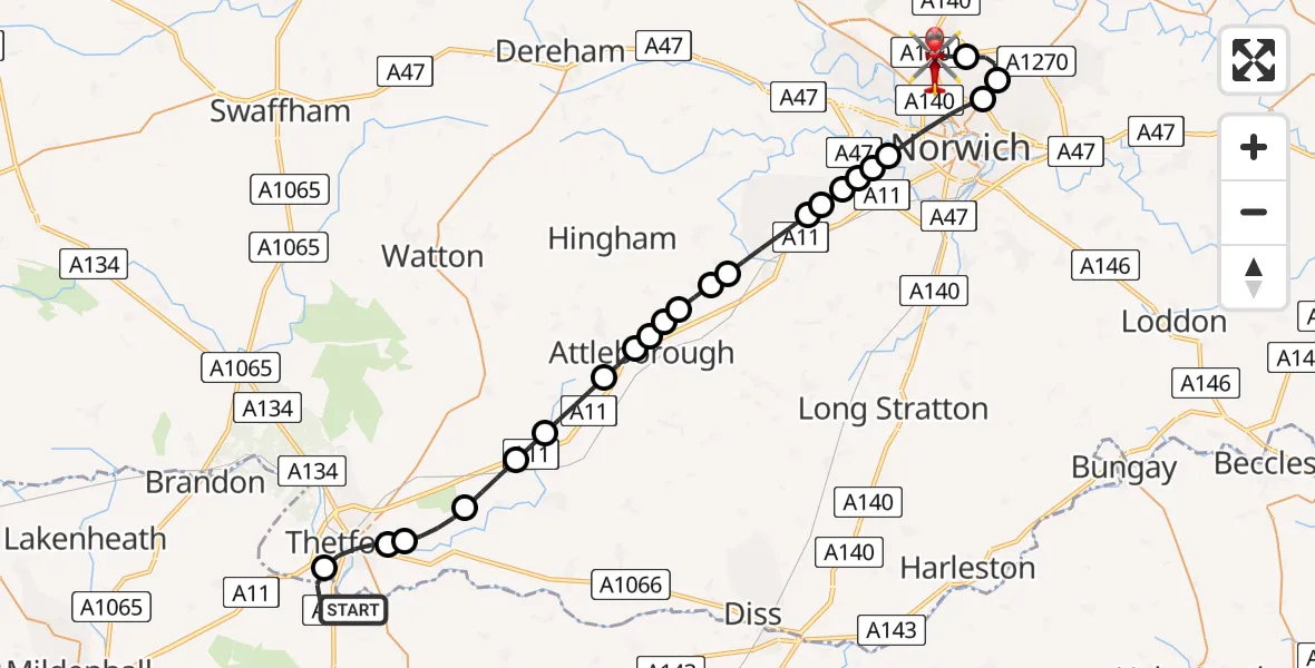 Flight path map showing Air Ambulance Helicopter route from Barnham to Norwich Airport