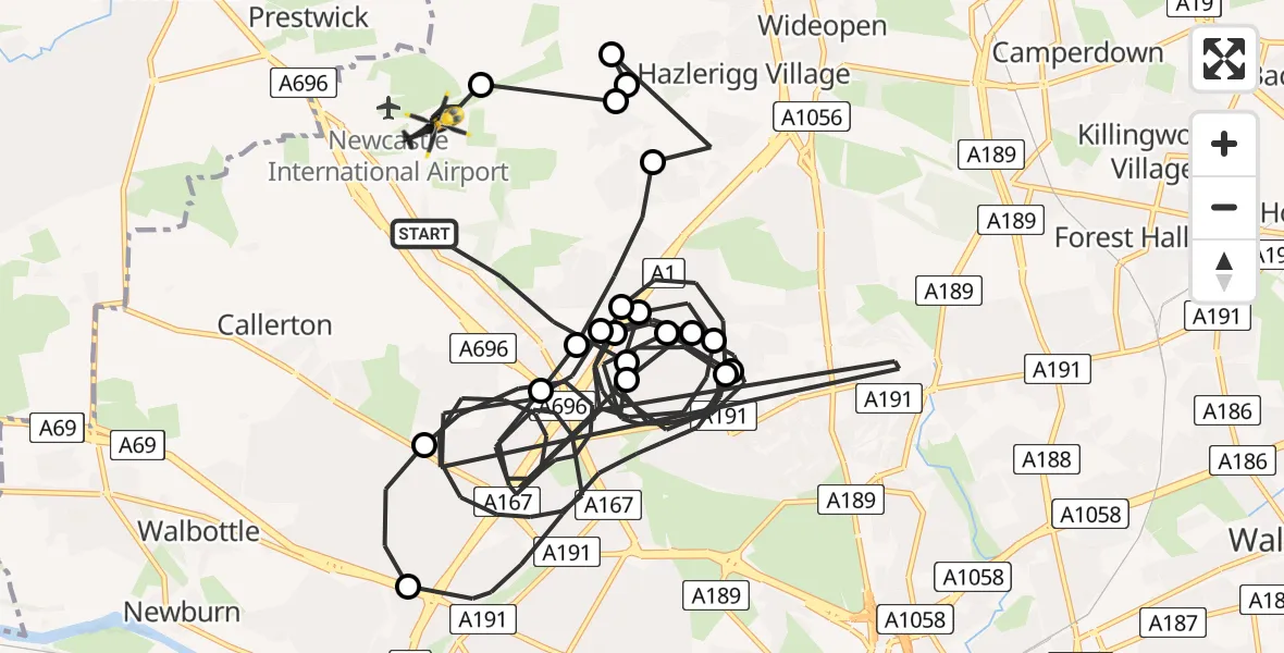 Flight path map showing Police Helicopter route from Newcastle upon Tyne to Newcastle International Airport