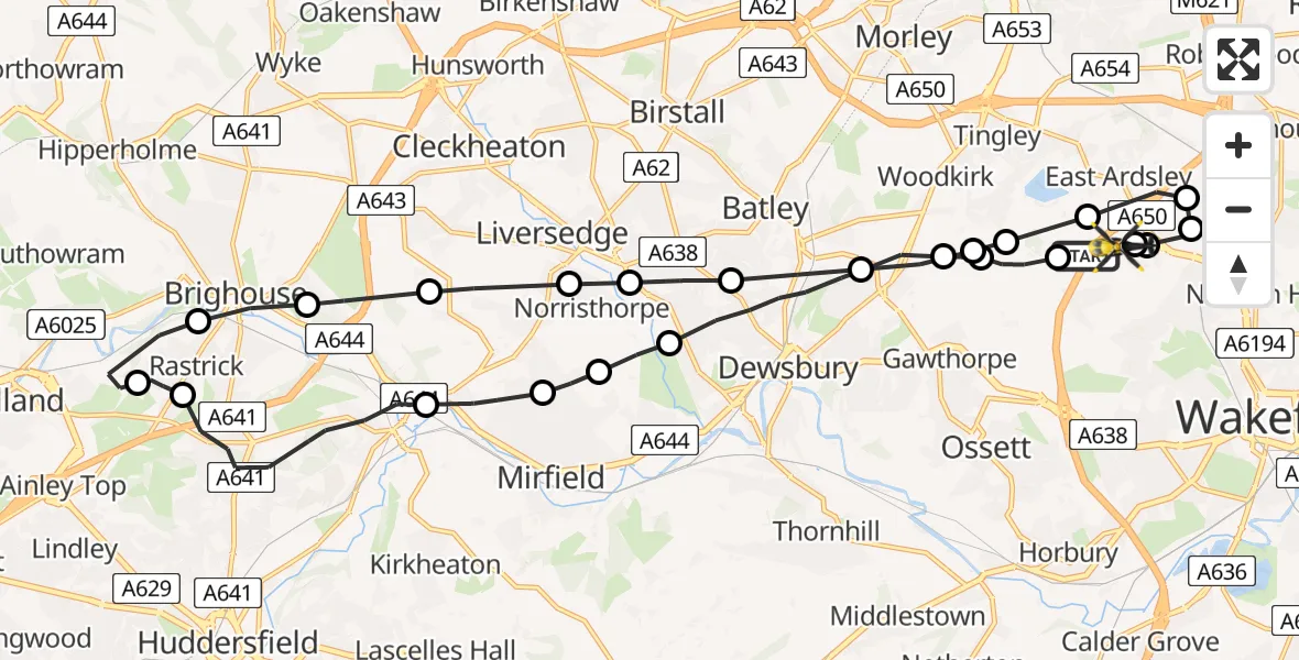 Flight path map showing Police Helicopter route from East Ardsley to East Ardsley