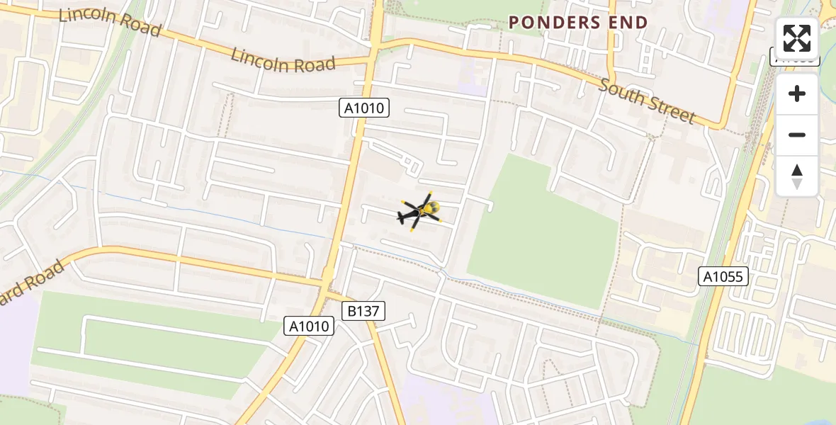 Flight path map showing Police Helicopter route from London Borough of Enfield to London Borough of Enfield